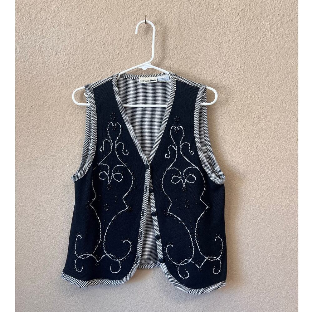 Vintage 80s Delores Bell black houndstooth beaded vest size M